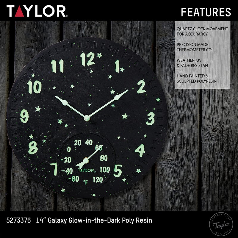 Taylor Galaxy Glow-In-The-Dark Poly Resin Indoor and Outdoor Clock and Thermometer, Home Decor for Garden, Patio, Pool, and Indoor Areas, 14-inch, Multi-Color - Image 5